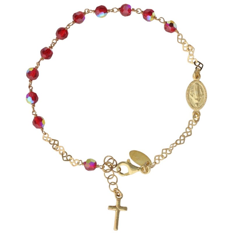 Bracelet en argent 925 °/°° dore, ajustable grains rouge a facettes Ø 3 mm (3 g) avec médaille VM & croix livré en boite.
